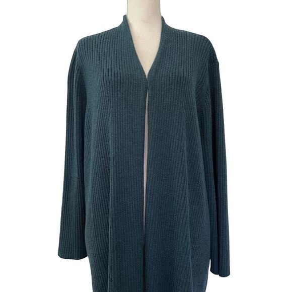 Eileen Fisher Italian Fine Merino Wool Long Cardigan Size 3X Blue Ribbed Luxury - Picture 2 of 7